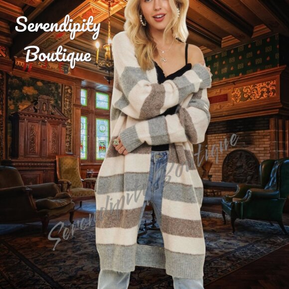 ADORA Sweaters - So Soft Snuggle Light Weight Long Duster Stripped Open Front Cardigan Duster